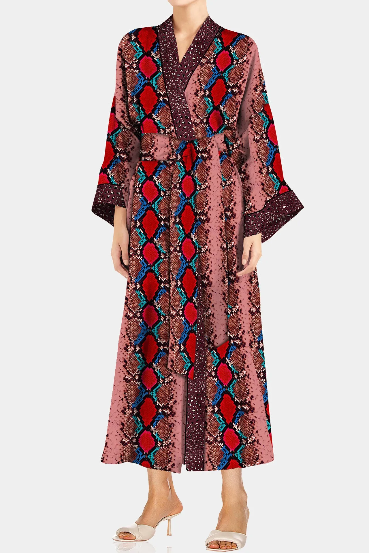 Vegan Silk Kimono Solid Blood Stone Robe in Midi Length