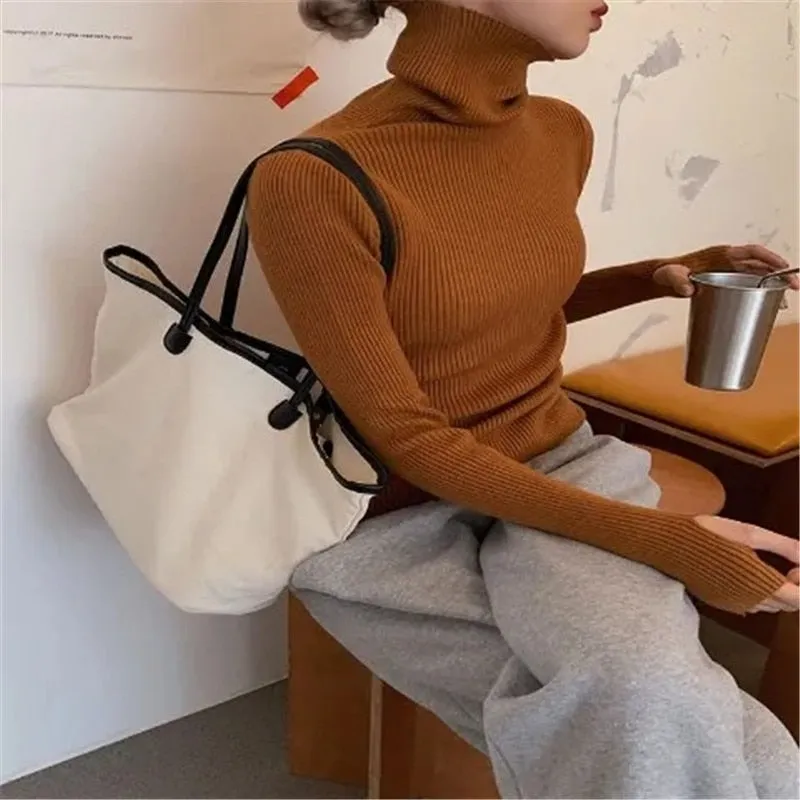 Wjczt Women heaps collar Turtleneck Sweaters Autumn Winter Slim Pullover Women Basic Tops Casual Soft Knit Sweater Soft Warm Jumper