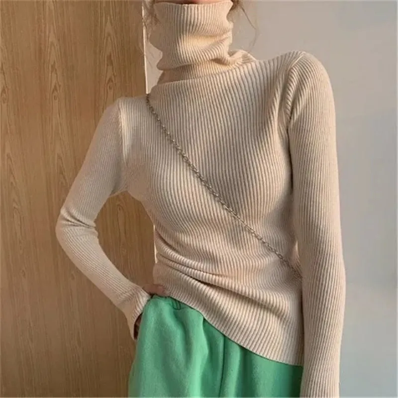 Wjczt Women heaps collar Turtleneck Sweaters Autumn Winter Slim Pullover Women Basic Tops Casual Soft Knit Sweater Soft Warm Jumper
