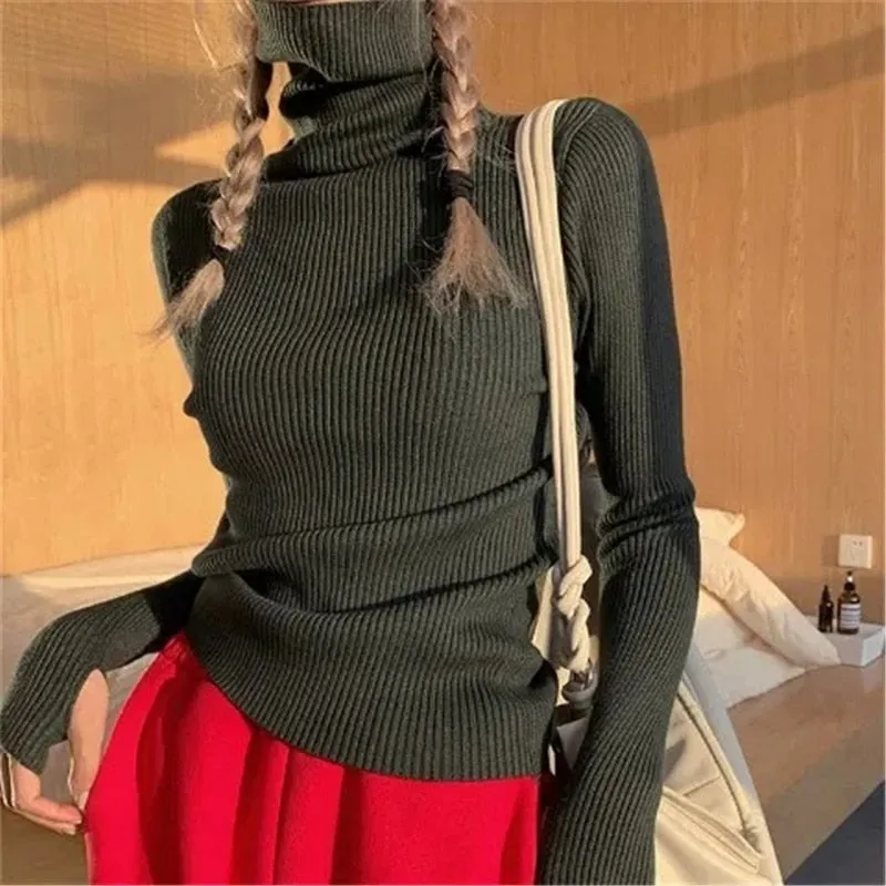 Wjczt Women heaps collar Turtleneck Sweaters Autumn Winter Slim Pullover Women Basic Tops Casual Soft Knit Sweater Soft Warm Jumper