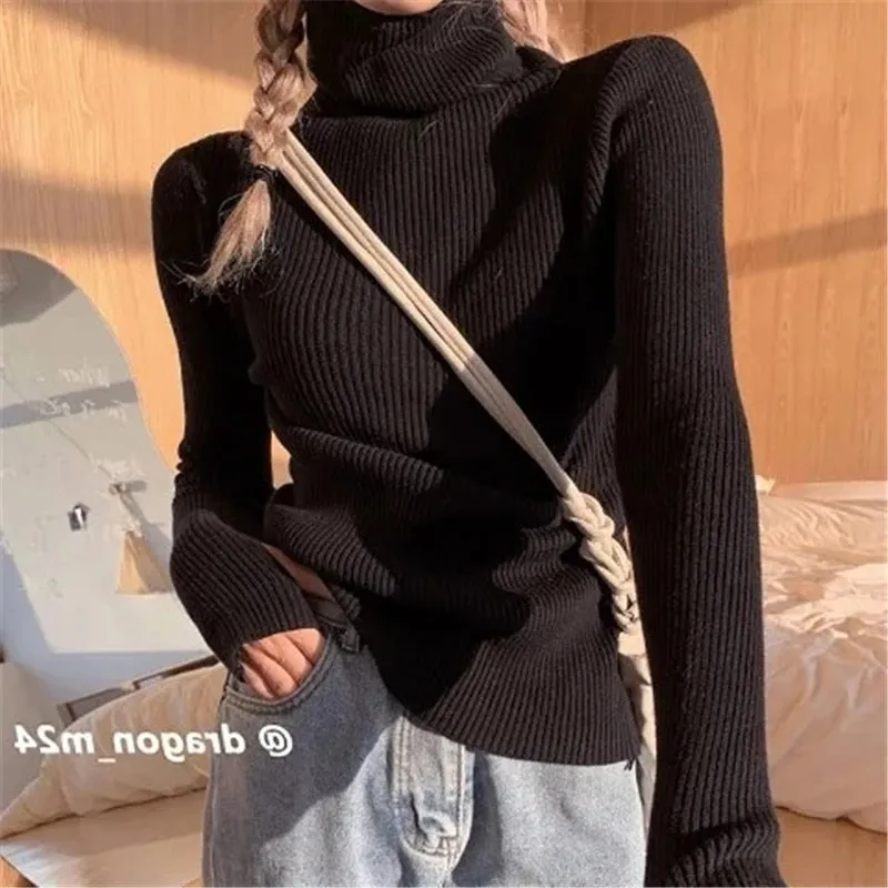 Wjczt Women heaps collar Turtleneck Sweaters Autumn Winter Slim Pullover Women Basic Tops Casual Soft Knit Sweater Soft Warm Jumper
