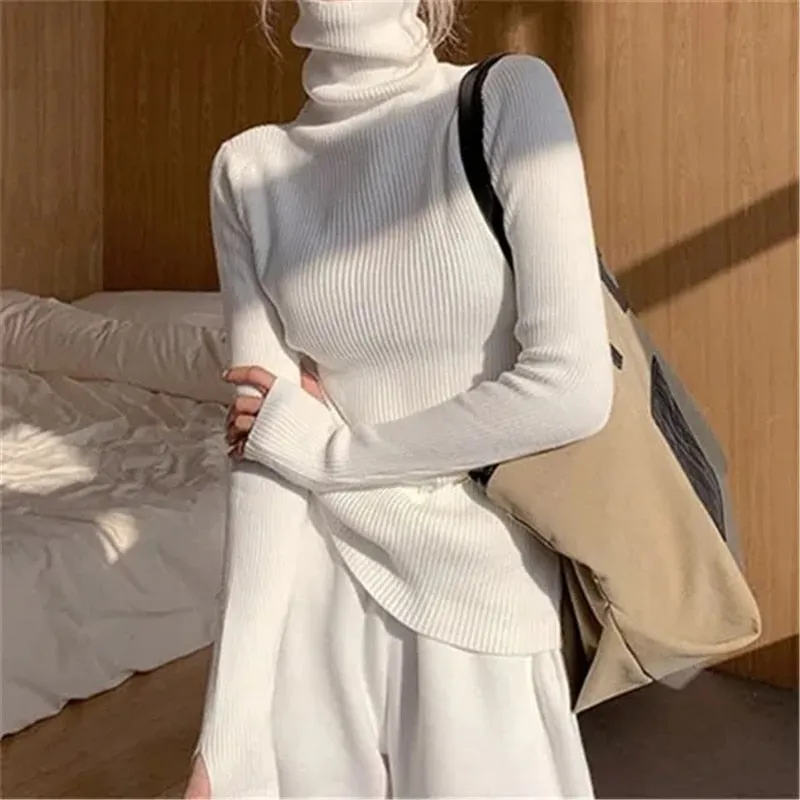 Wjczt Women heaps collar Turtleneck Sweaters Autumn Winter Slim Pullover Women Basic Tops Casual Soft Knit Sweater Soft Warm Jumper
