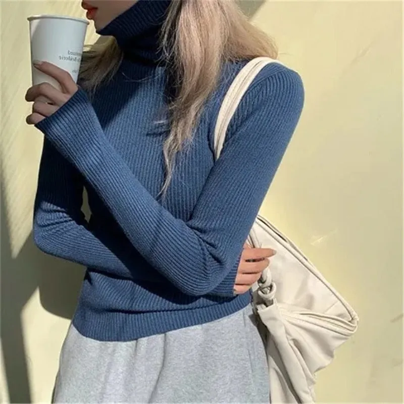 Wjczt Women heaps collar Turtleneck Sweaters Autumn Winter Slim Pullover Women Basic Tops Casual Soft Knit Sweater Soft Warm Jumper