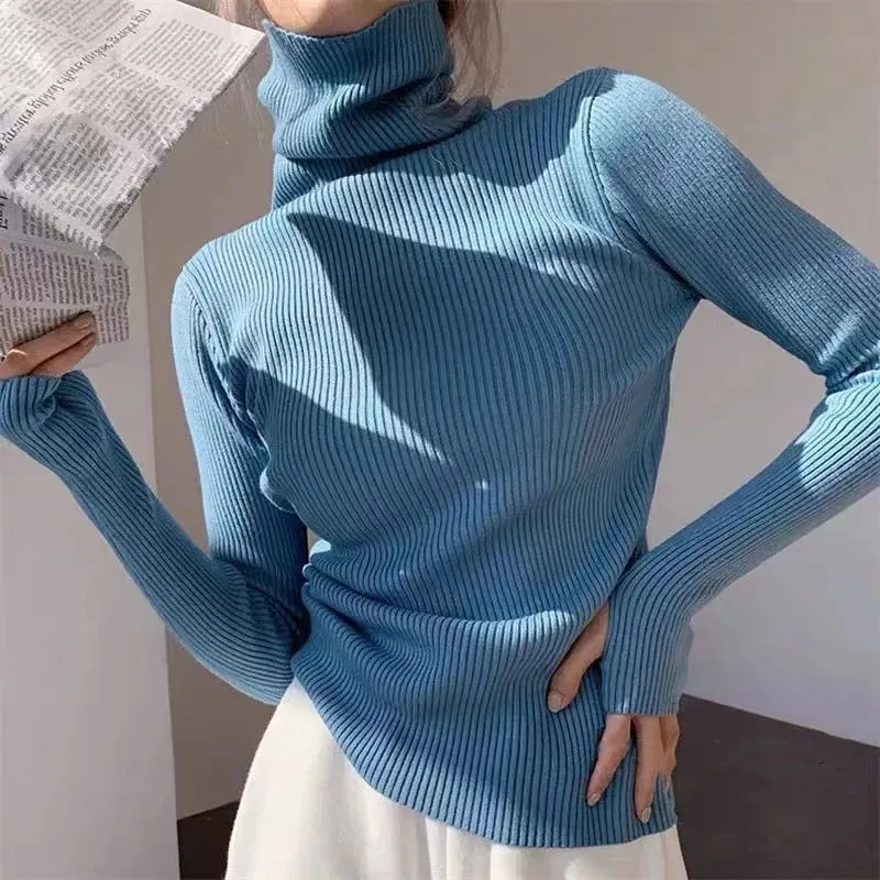 Wjczt Women heaps collar Turtleneck Sweaters Autumn Winter Slim Pullover Women Basic Tops Casual Soft Knit Sweater Soft Warm Jumper