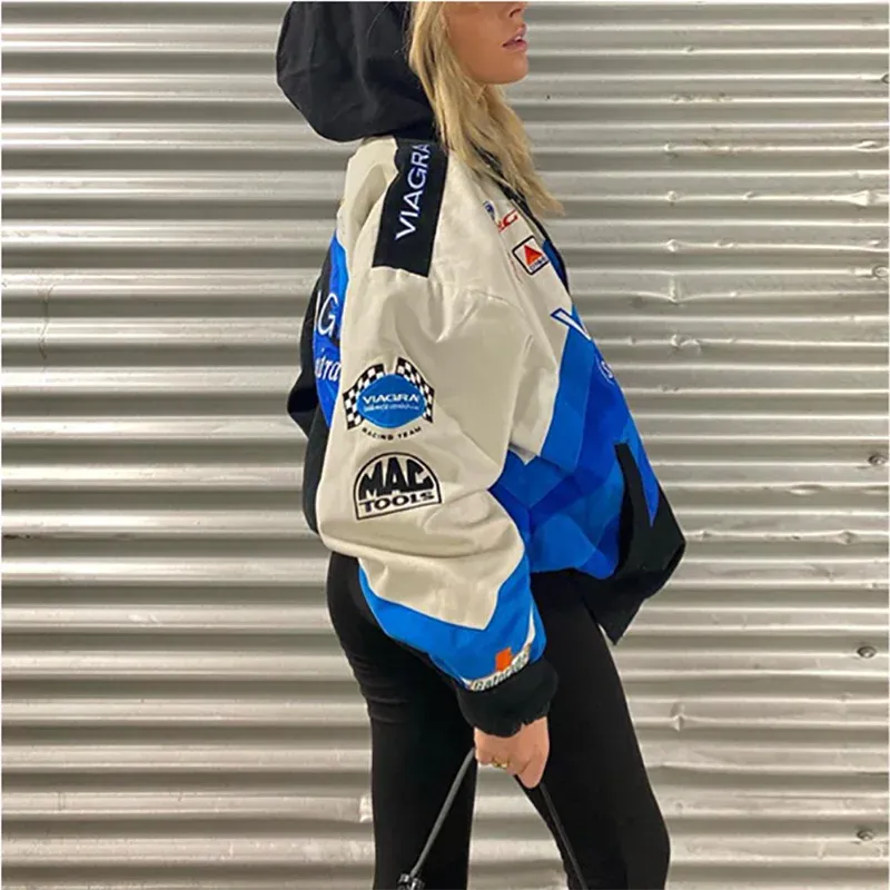 Women Fashion Spring Sports 2024 Wind Blue Print Loose Windbreaker Jacket Trench Vintage Coat